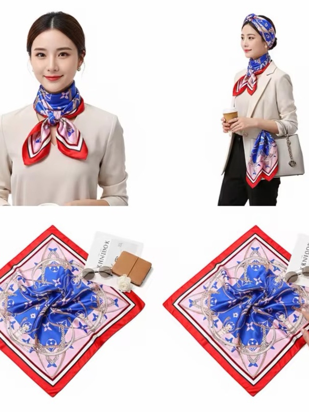 Women's Blue & Red Silk-Feel Square Scarf - Elegant Printed Wrap